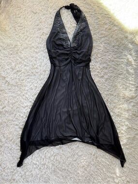 Black Halter Evening Dress with Embellished V-Neck